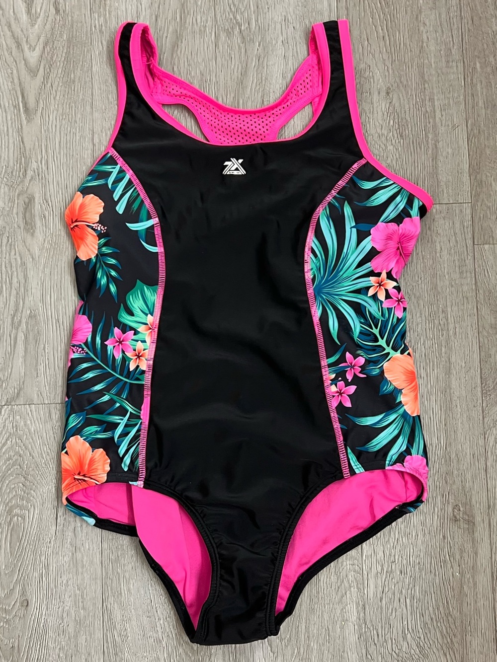 2XU Black One-Piece Swimsuit with Hot Pink Trim & Tropical Floral Panels